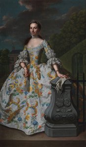 Porträtt av Charlotte Beatrix Strick van Linschoten Porträtt av Charlotte Beatrix Strick van Linschoten (f. 1732), andra hustru till Gerard Cornelis van Riebeeck, antagligen stående framför hennes lanthus Eemwijck i Voorburg