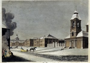 Arsenalen och kanongjuteriet i Sankt Petersburg. (Arsenalet och kanongjuteriet i Petersburg). Beskrivning av byggnader mitt i vintern, med slädar som glider på snön och en grupp individer som värmer sig runt en eld. Arbete av av Matthew Dubourg