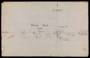 Grovt skissad karta över "Wreck Reef" 1803 från en samling tekniska memoranda och korrespondens från amiralitetet