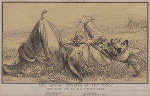 The Rough Gulliver in the Toils! eller, The Real Use of Our Citizen Army (färg litho) av Matthew