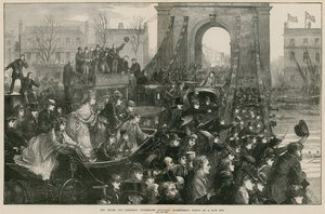 Oxford and Cambridge Boat Race: Hammersmith Bridge på tävlingsdagen (gravyr) av Matthew White Ridley