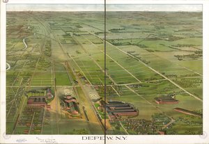 Fågelperspektiv. Orienterad med norr till höger. LC Panoramic maps (2nd ed.), 555.1 Tillgänglig även via Library of Congresss webbplats som en rasterbild. LC-kopia kommenterad med bläck. Stämplad på: Compliments Depew Improvement Co.; S. Jay Ohart, advokat av Matthews-Northrup Company