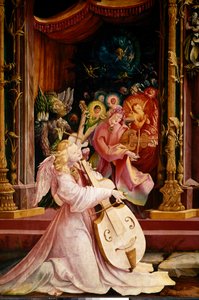 Altartavla av Issenheim (eller Isenheim): "" La Nativite"" Detalj av konserten med Angels-musiker. Ängeln i mitten spelar gambaviol. Paneler av Mathis Neithardt Gothardt dit Matthias Grunewald (1480-1528) (ec.all.) 1512-1516 Dim. 265x304 cm Kol