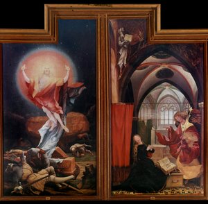 Altartavla av Issenheim (eller Isenheim): "" Uppståndelsen"" "" Bebådelsen"" Paneler av Mathis Neithardt Gothardt dit Matthias Grunewald (1480-1528) (ec.all.) 1512-1516 Colmar, Musee Unterlinden