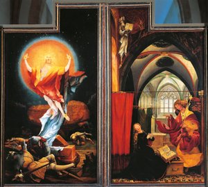 The Annunciation and Resurrection of Christ, detalj från Isenheim-altartavlan, ca 1512-16 (olja på panel)