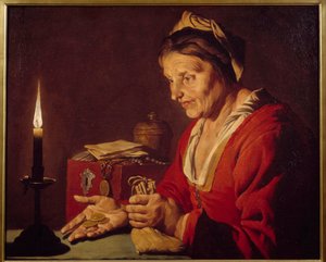 Girighet - En gammal kvinna tittar på sina guldmynt, som hon precis kommit ut ur sitt gömställe, i ljuset av ett ljus - Målning av Mathias Stomer (Matthias Stom) (1600-1650) Ec Flam