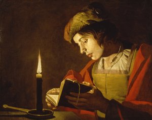 A Young Man Reading by Candlelight - A Young Man Reading by Candlelight, av Matthias Stom (Stomer) (ca.1600-efter 1650). Olja på duk, ca 1630. Mått: 58,5x73,5cm. Nationalmuseum Stockholm
