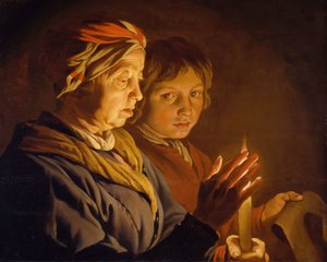 Gammal kvinna och en pojke vid levande ljus, 1630-1650. av Matthias Stomer