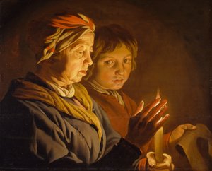 Gammal kvinna och en pojke vid levande ljus, 1630-1650 av Matthias Stomer