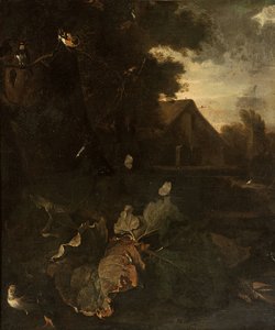 Skogsbottenstilleben med bofink, svala, andra fåglar och fjärilar, landskap med en bondgård bortom