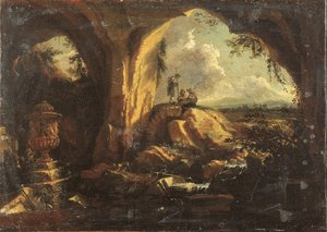 Interiör av en grotta med en antik vas och ruiner, tre pilgrimer vid ingången