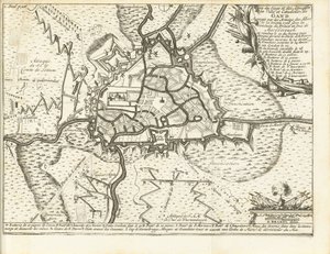 Beleg van Gent, 1708 Karta över belägringen och attackerna av staden och citadellet i Gent som belägrades av de allierades arméer den 22 december 1708 under ledning av prinsen och hertigen av Marlborough (titel på objektet)