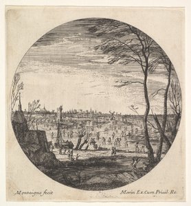 Vinterlandskap med konståkning på en frusen vattenmassa i en rundelkomposit..., ca. 1625-60. av Matthijs van Plattenberg