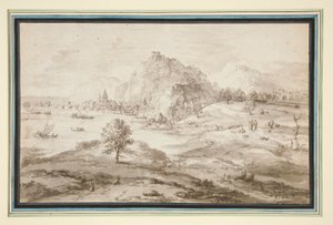 Bergigt landskap med hamn och stad av Matthys Cock