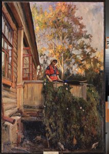På balkongen - Målning av Matvei Markovich Zaytsev (1880-1940), olja på duk av Matvei Markovich Zaytsev