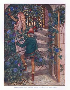 Ermentrude gick upp för trappan och plockade rosorna, illustration från Lady And Fairy Tales, 1914