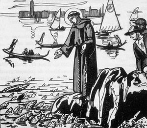 Den helige Franciskus av Assisi predikar för fiskarna i Rimini, graverad av Jacques Beltrand efter teckning av Maurice Denis av Maurice (after) Denis