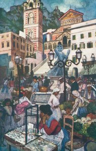 Amalfi, Piazza och Duomo (färglitografi)
