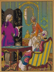 Illustration för historia av Manon Lescaut (färg litho) av Maurice Berty