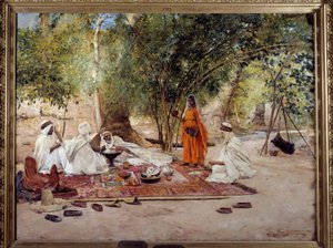 Orientalism: "" gästfrihetens måltid""" Scen för arabiskt liv i oasen Chelma nära Biskra, Algeriet. Målning av Maurice Bompard (1857-1936) 1891 Marseille, Musee des Beaux Arts