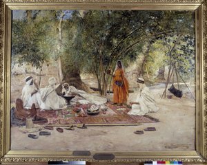 Hospitalite måltid. Scen av arabiskt liv i oasen Chelma nära Biskra, Algeriet. Målning av Maurice Bompard (1857-1936) 1891 (olja på duk)