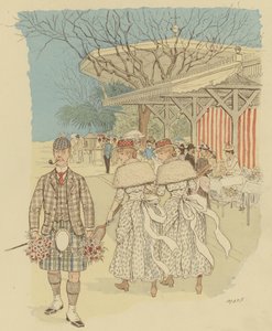 En skotsk man i traditionell Highland Dress bland folket i Cannes, Frankrike (färg litho)