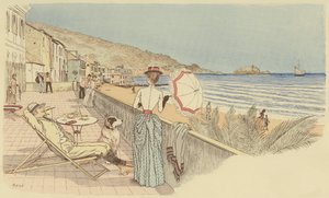 Ett par på sin smekmånad kopplar av vid havet på ön Gallinara, Italien. (färg litho) av Maurice Charles Mathieu Bonvoisin