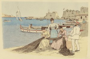 En man pratar med en grupp kvinnor som lagar fiskenät i staden Villefranche, Frankrike (färglitografi). av Maurice Charles Mathieu Bonvoisin