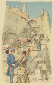 Människor som går på den stora trappan på det kungliga palatset, Monaco. (färg litho) av Maurice Charles Mathieu Bonvoisin
