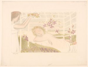 Sovande flicka får blomsterkrans Allegori (titel på objekt) Representationer av kärlek (serietitel) Amour (serietitel) av Maurice Denis