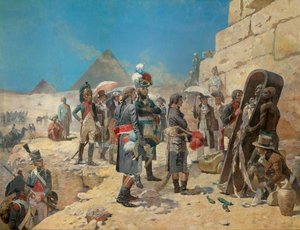 Napoleon Bonaparte framför pyramiderna och överväger en kungs mumie på landsbygden i Egypten