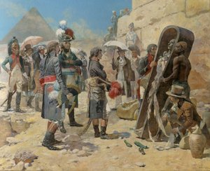 Napoleon Bonaparte framför pyramiderna och överväger en kungs mumie på landsbygden i Egypten