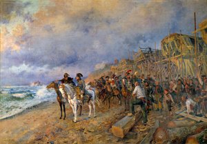 Förste konsuln Napoleon Bonaparte (1769-1821) besöker arsenalen av Boulognemålning av Maurice Orange (1868-1916) 1804 (sön: 214x304 cm) Paris, Musee de l