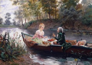 En romantisk lunch (olja på panel) av Maurice Leloir