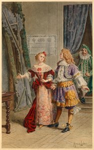 Bakom scenen på Scapin, Armande, Baron och Moliere (illustration) av Maurice Leloir
