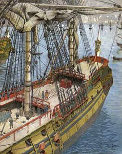 Bombardement och eld av staden Alger 1682: Abraham Marquis Duquesne (mellan 1604 och 1610-88), en officer från den franska flottan, ser från sitt skepp effekten som orsakas av bomberna galioter. Kromotypografi i "" Le Roy Soleil"" (Louis XIV) av Gu av Maurice Leloir
