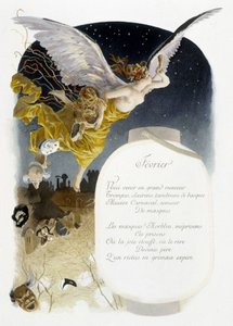 Februari "" Månadens sång"" av Jérôme Doucet, illustration - Maurice Leloir, red. Reims 1904. L. Michaud av Maurice Leloir