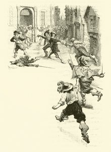 Illustration för De tre musketörerna (gravyr) av Maurice Leloir