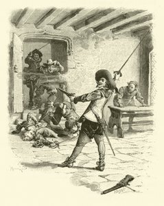 Illustration för De tre musketörerna (gravyr) av Maurice Leloir