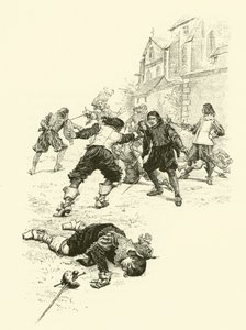 Illustration för De tre musketörerna (gravyr) av Maurice Leloir