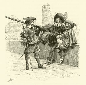 Illustration för De tre musketörerna (gravyr) av Maurice Leloir