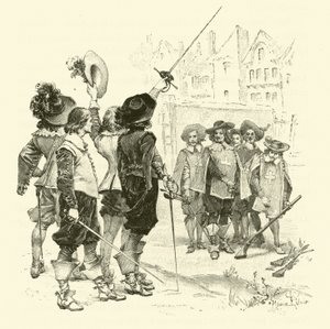 Illustration för De tre musketörerna (gravyr) av Maurice Leloir