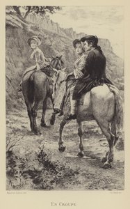 Jean-Jacques Rousseau och två unga kvinnor gör en resa till häst (gravyr) av Maurice Leloir