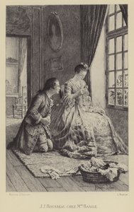 Jean-Jacques Rousseau i Madame Basiles hus (gravyr) av Maurice Leloir