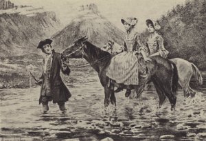 Jean-Jacques Rousseau hjälper två unga kvinnor att korsa en bäck (gravyr) av Maurice Leloir