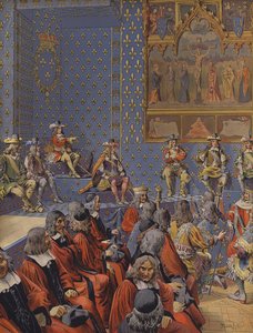 Kung Ludvig XIV sitter i stövlar vid parlamentet av Maurice Leloir
