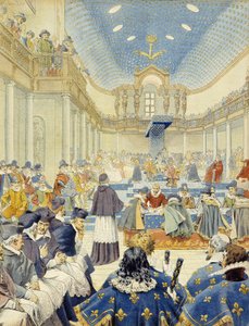 Richelieu höll talet, i kontoristens namn, vid generalstaternas avslutande möte 1614 - i "Richelieu" av Maurice Leloir. av Maurice Leloir
