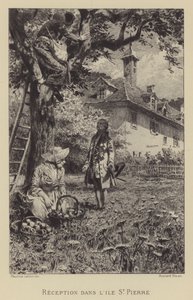Rousseaus mottagning på Ile St Pierre (gravyr) av Maurice Leloir