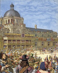 Den kungliga karusellen (riddarturneringen), som gavs 1662, framför Palais des Tuileries i Paris under Ludvig XIV känd som Le Roi-Soleil (kung Soleil eller Ludvig den Store av Maurice Leloir