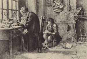 Den unge Jean-Jacques Rousseau läser medan hans far arbetar (gravyr) av Maurice Leloir